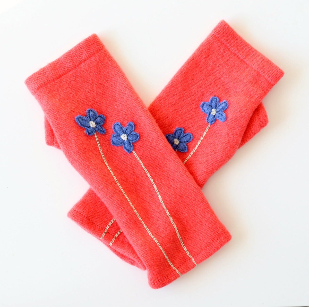 Blue Flower on Coral Cashmere Fingerless Gloves - BESPOKE PROVISIONS INC