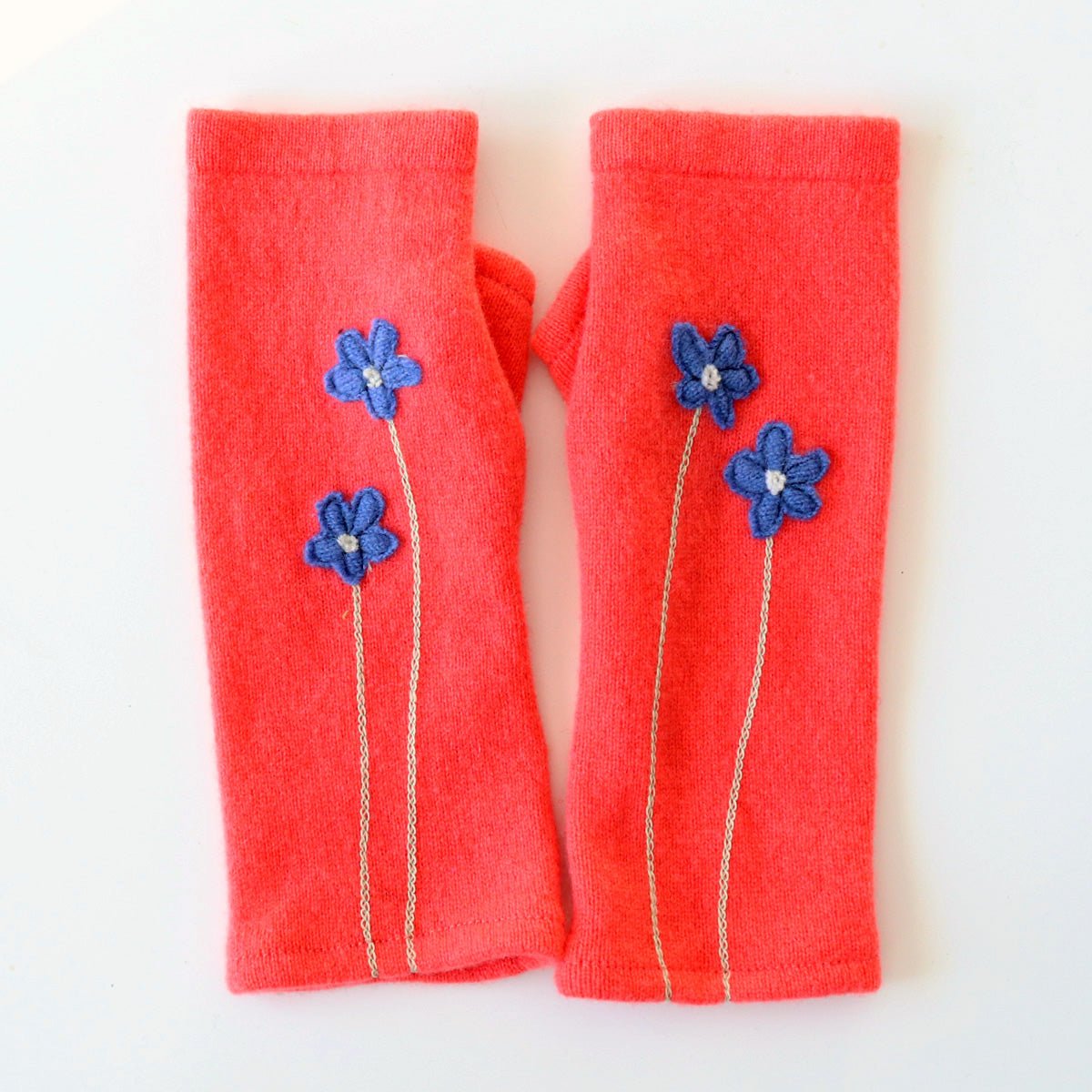 Blue Flower on Coral Cashmere Fingerless Gloves - BESPOKE PROVISIONS INC