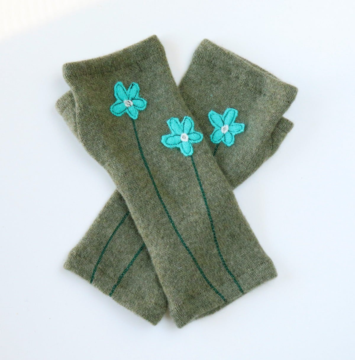 Blue Flower on Olive Cashmere Fingerless Gloves - BESPOKE PROVISIONS INC