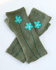 Blue Flower on Olive Cashmere Fingerless Gloves - BESPOKE PROVISIONS INC