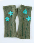 Blue Flower on Olive Cashmere Fingerless Gloves - BESPOKE PROVISIONS INC