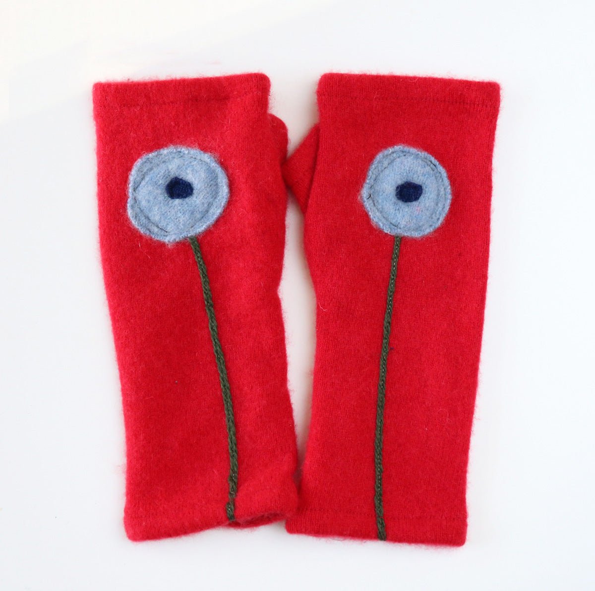 Blue Poppy on Red Cashmere Fingerless Gloves - BESPOKE PROVISIONS