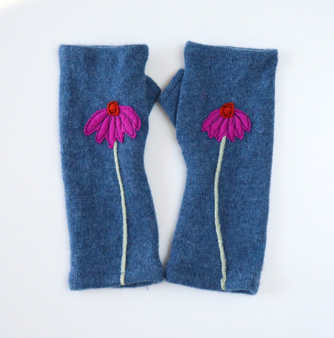 Coneflower on Blue Cashmere Fingerless Gloves - BESPOKE PROVISIONS INC