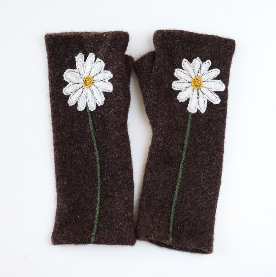 Daisy on Brown Cashmere Fingerless Gloves - BESPOKE PROVISIONS INC