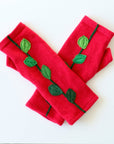 Green Vine on Red Cashmere Fingerless Gloves - BESPOKE PROVISIONS INC