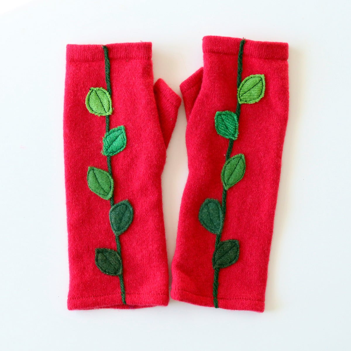 Green Vine on Red Cashmere Fingerless Gloves - BESPOKE PROVISIONS INC