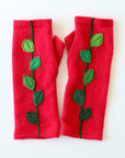 Green Vine on Red Cashmere Fingerless Gloves - BESPOKE PROVISIONS INC