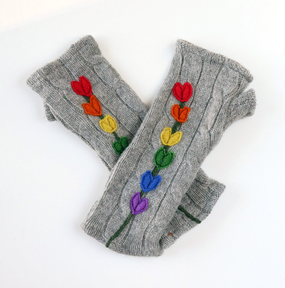 Hearts on Grey Cashmere Fingerless Gloves - BESPOKE PROVISIONS INC