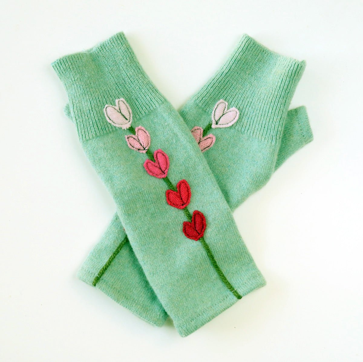 Hearts on Seafoam Cashmere Fingerless Gloves - BESPOKE PROVISIONS INC