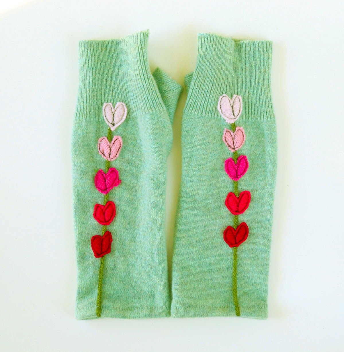 Hearts on Seafoam Cashmere Fingerless Gloves - BESPOKE PROVISIONS INC