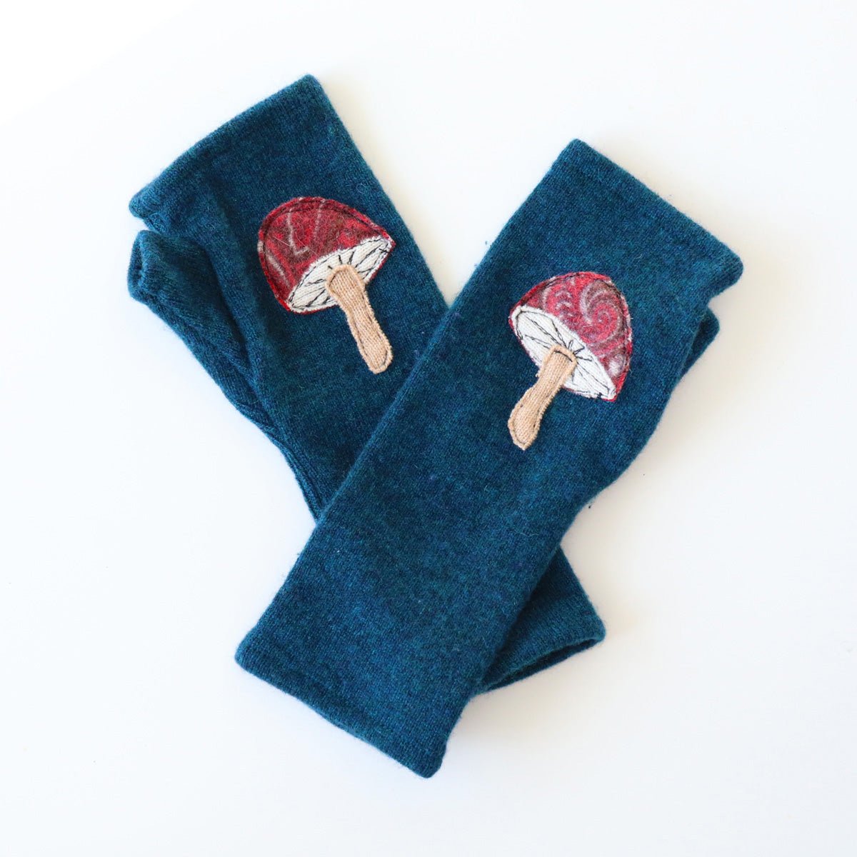 Mushroom on Blue Cashmere Fingerless Gloves - BESPOKE PROVISIONS INC