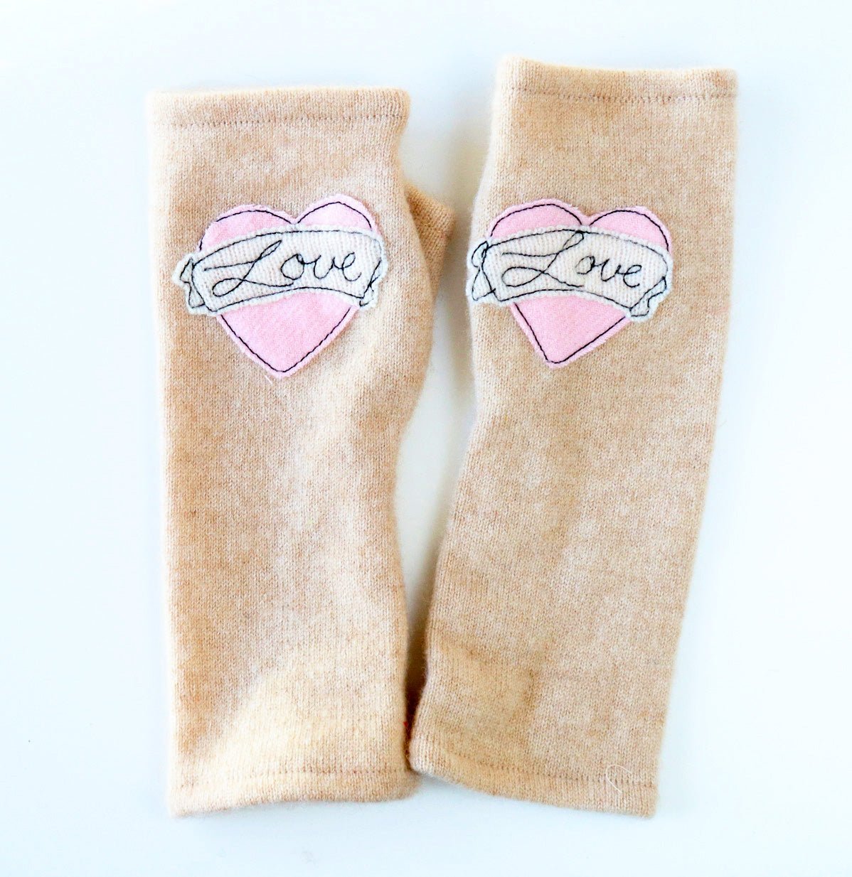 Pink Love on Camel Cashmere Fingerless Gloves - BESPOKE PROVISIONS INC