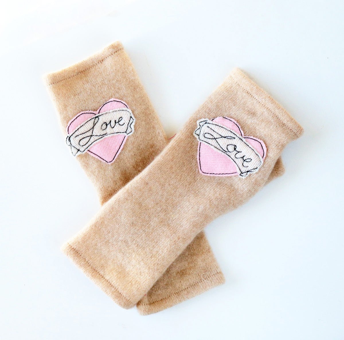 Pink Love on Camel Cashmere Fingerless Gloves - BESPOKE PROVISIONS INC