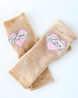 Pink Love on Camel Cashmere Fingerless Gloves - BESPOKE PROVISIONS INC