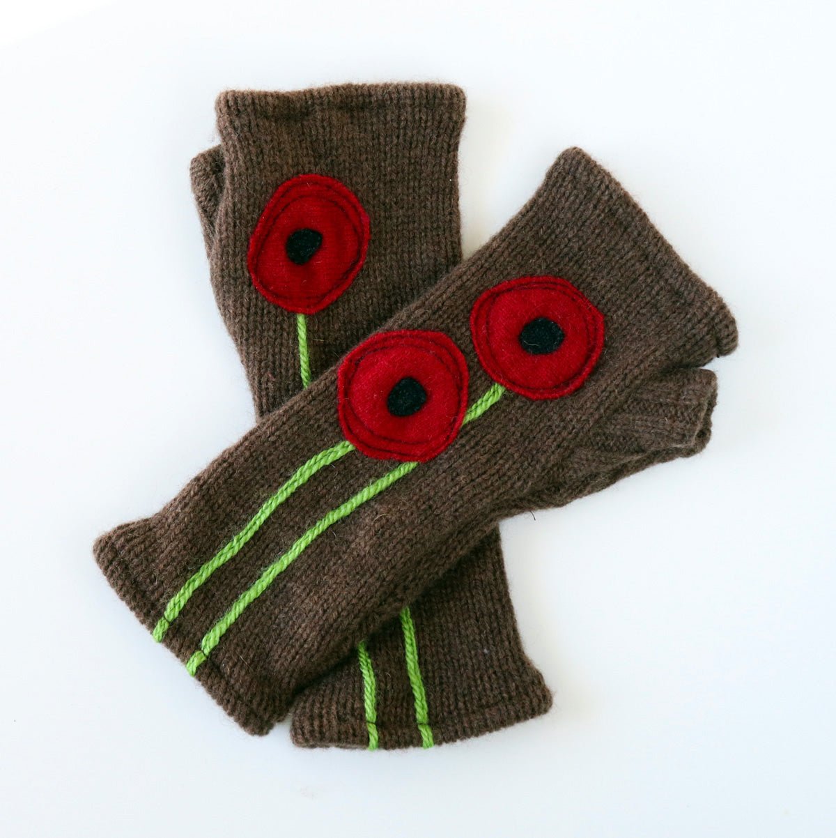 Poppy on Brown Cashmere Fingerless Gloves - BESPOKE PROVISIONS