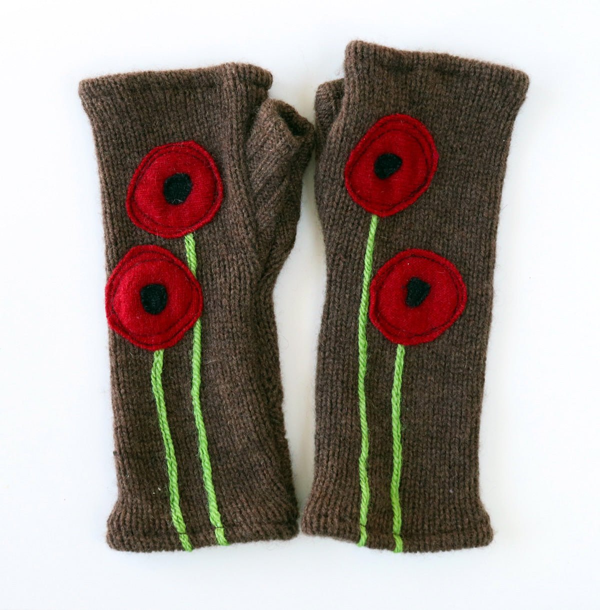 Poppy on Brown Cashmere Fingerless Gloves - BESPOKE PROVISIONS