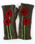 Poppy on Brown Cashmere Fingerless Gloves - BESPOKE PROVISIONS