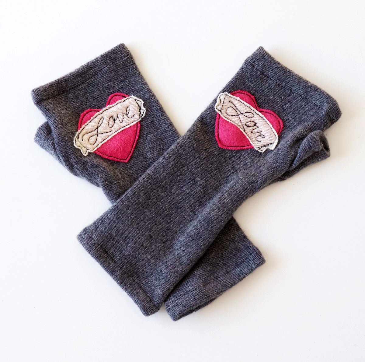 Red Love on Dark Grey Cashmere Fingerless Gloves - BESPOKE PROVISIONS