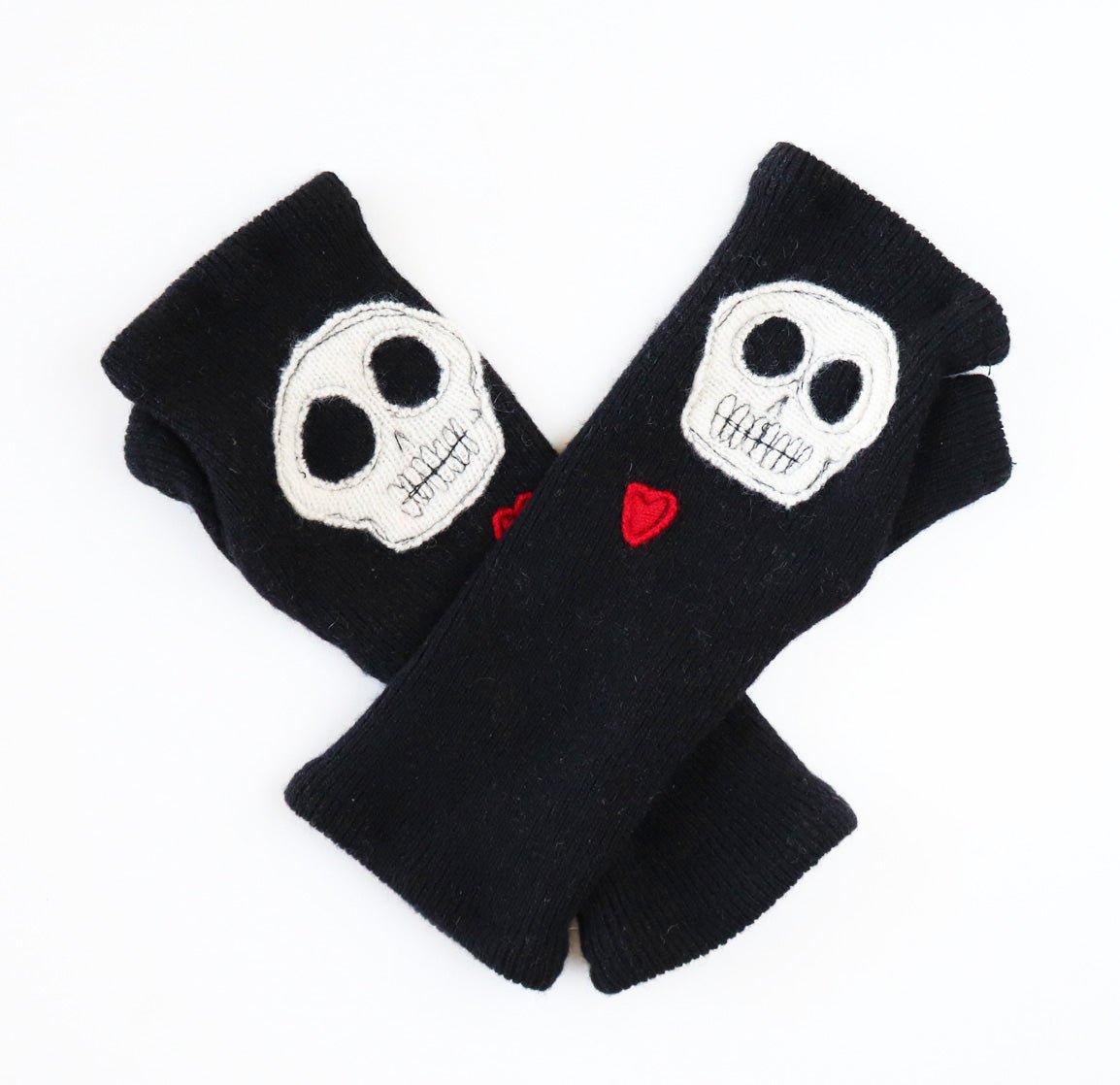 Skulls on Black Cashmere Fingerless Gloves - BESPOKE PROVISIONS