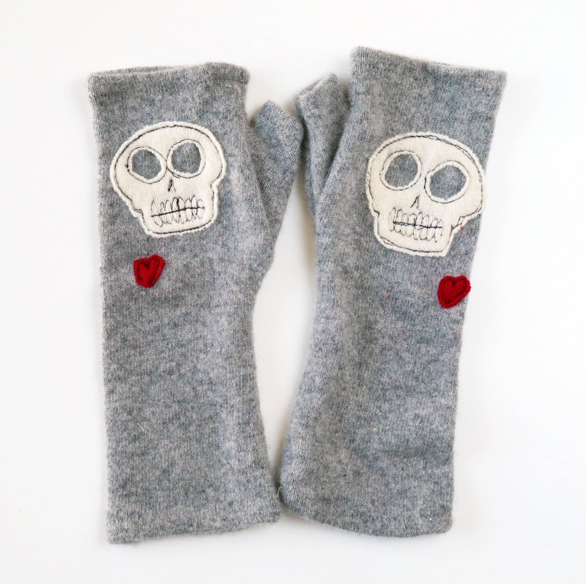 Skulls on Grey Cashmere Fingerless Gloves - BESPOKE PROVISIONS