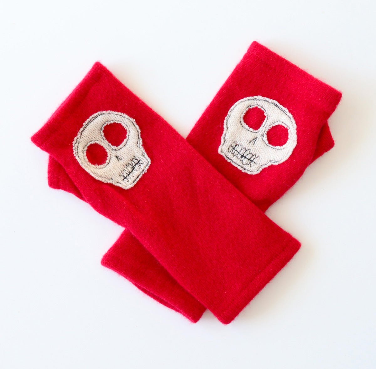 Skulls on Red Cashmere Fingerless Gloves - BESPOKE PROVISIONS