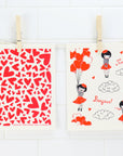 Valentine Hearts and French Girl Swedish Dishcloth Set of 2 - BESPOKE PROVISIONS